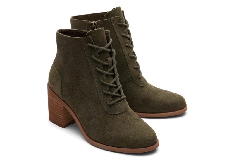 Toms Evelyn Suede Lace-Up Heeled Boot Olive | IQMUVL-482