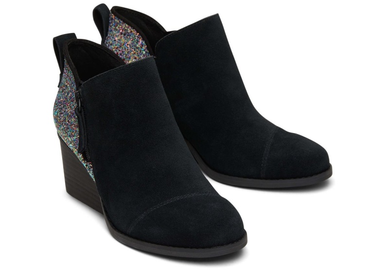 Toms Goldie Suede and Chunky Glitter Wedge Boot Black | QUZOHJ-826